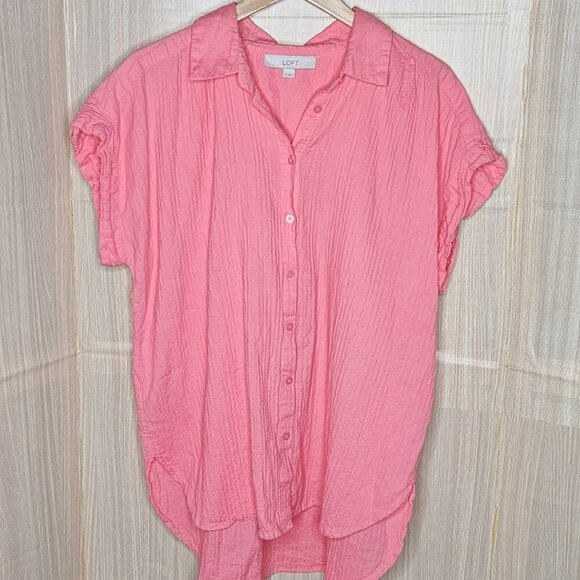 Loft Womens Pink Boxy Gauzy Short Sleeve Button Down XL - Picture 1 of 5